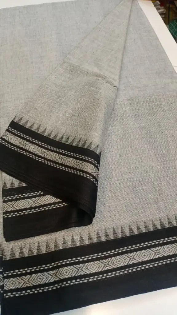 Grey with Temple Border Khadi Cotton Saree