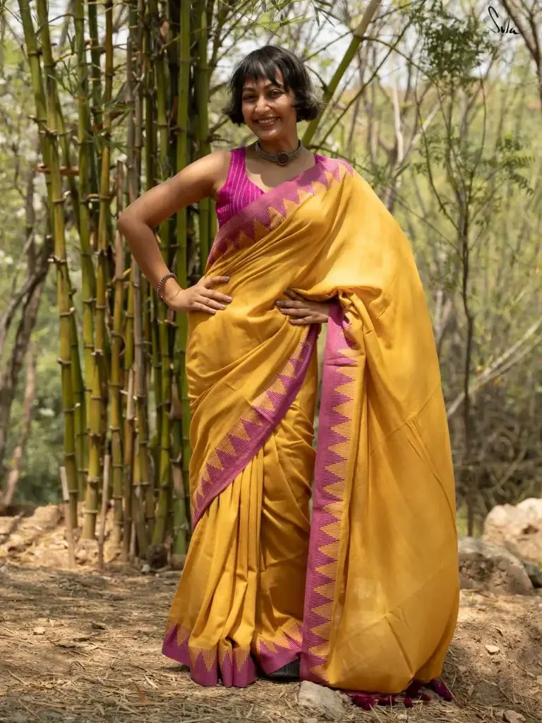 Turmeric with Pink Jacquard Karat Border Cotton Saree