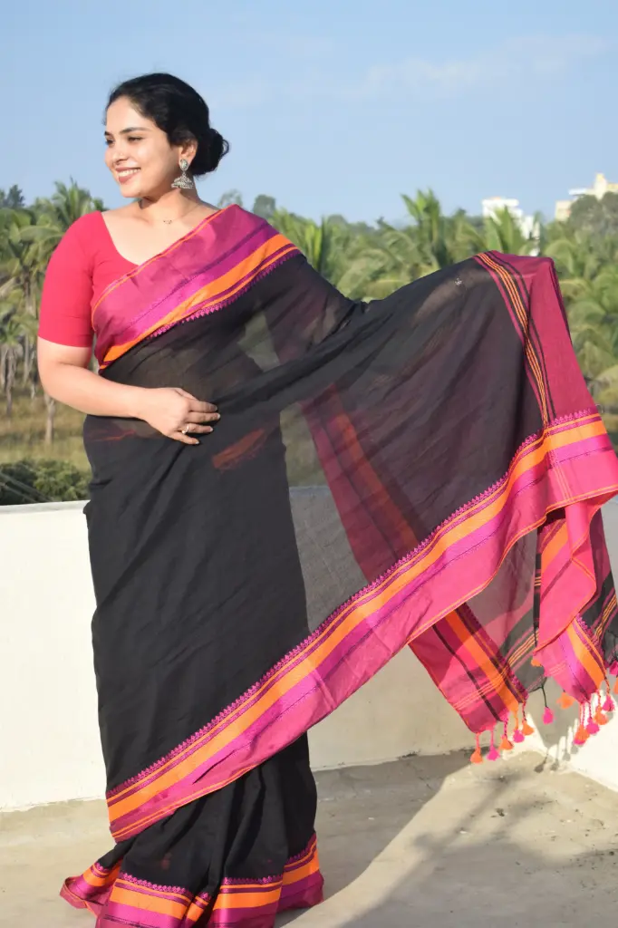 Black with Multicolor Border Bonano Cotton Saree