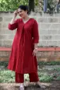 Maroon Red Front V Pleated Kurta Set