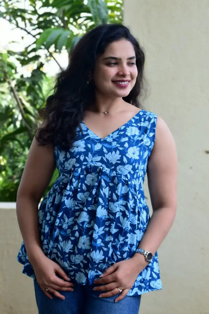 Blue Sleeveless Printed Peplum Top