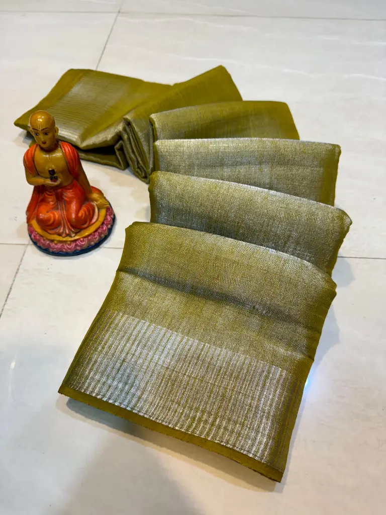 Olive Green Copper Zari Linen Tissue Saree