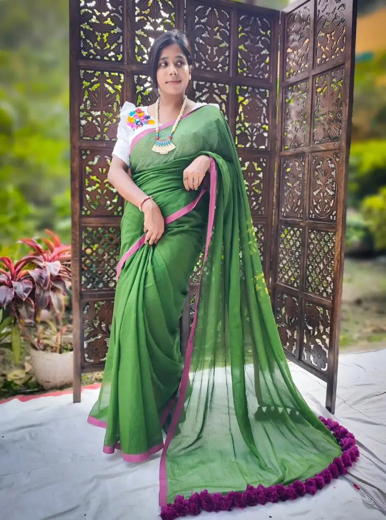 Green with Pink Border Mulmul Cotton Saree