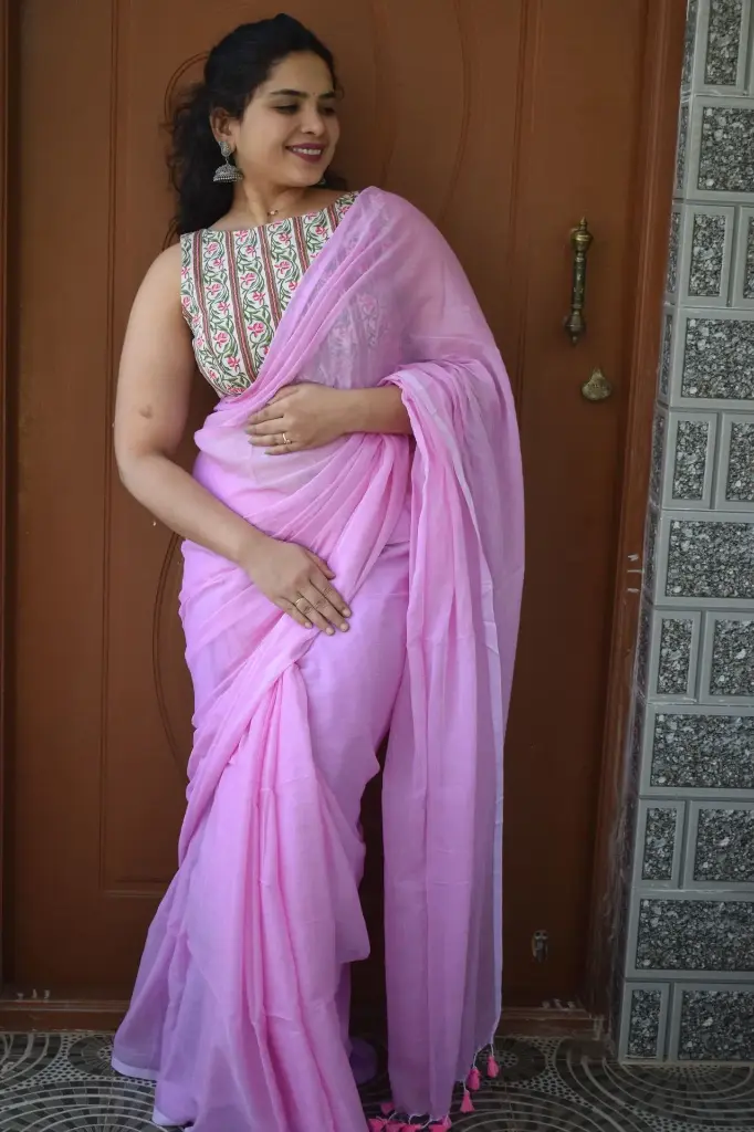 Mayflower Pink Plain Mulmul Cotton Saree