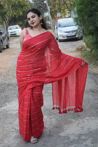 [SCS013] Red Horizontal Sequence Mulmul Cotton Saree