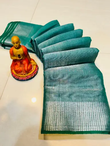 [SCS036] Peacock Blue Copper Zari Linen Tissue Saree