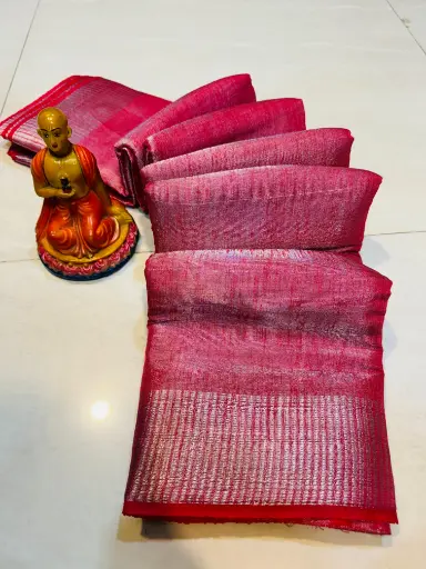 [SCS037] Raspberry Pink Copper Zari Linen Tissue Saree