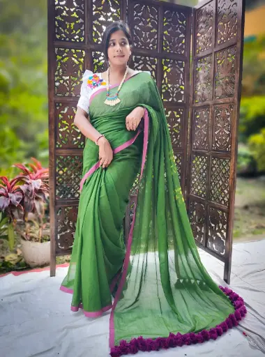 [SCS08] Green with Pink Border Mulmul Cotton Saree