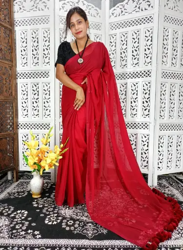 [SCS09] Maroon Red Border Mulmul Cotton Saree
