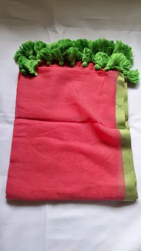 [SCS022] Peach with Green Border Mulmul Cotton Saree