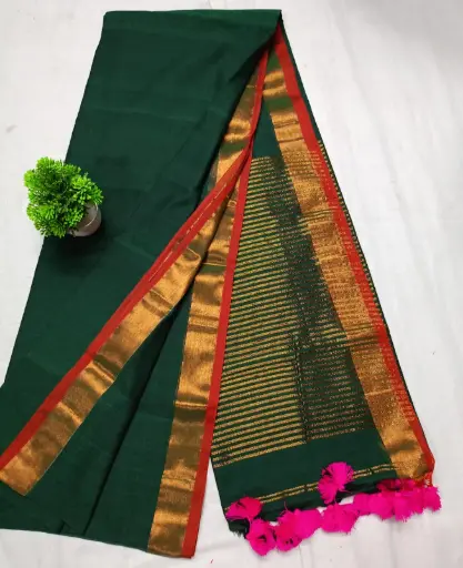 [SCS018] Green Mulmul Cotton Saree with Zari Border