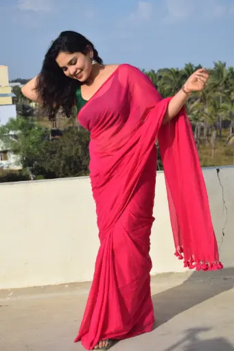 [SCS01] Bougainvillea Pink Plain Mulmul Cotton Saree