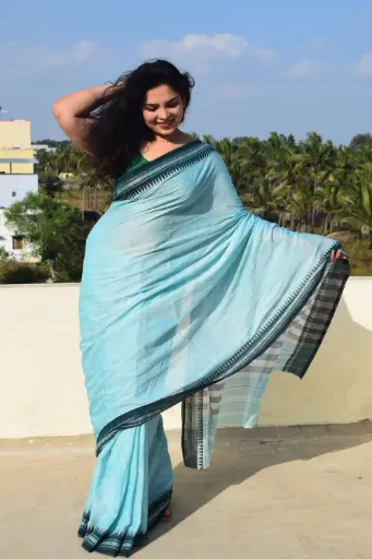 [SCS038] Pista Green with Temple Border Khadi Cotton Saree