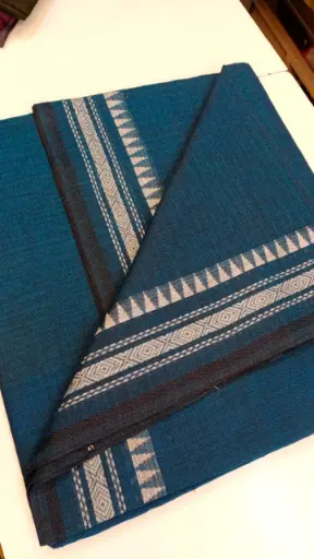 [SCS039] Teal with Temple Border Khadi Cotton Saree