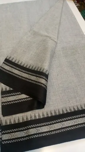 [SCS040] Grey with Temple Border Khadi Cotton Saree