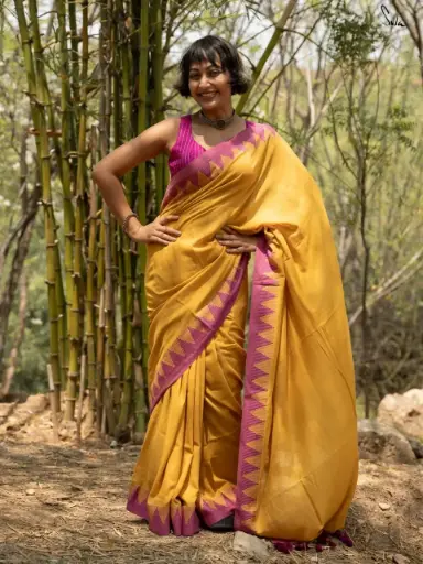 [SCS051] Turmeric with Pink Jacquard Karat Border Cotton Saree