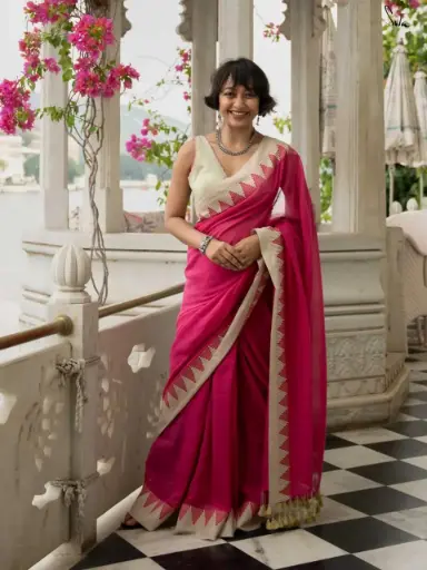 [SCS049] Pink Jacquard Karat Border Cotton Saree