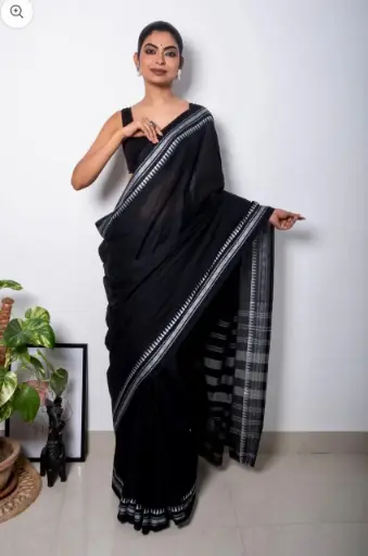 [SCS041] Black with Temple Border Khadi Cotton Saree 